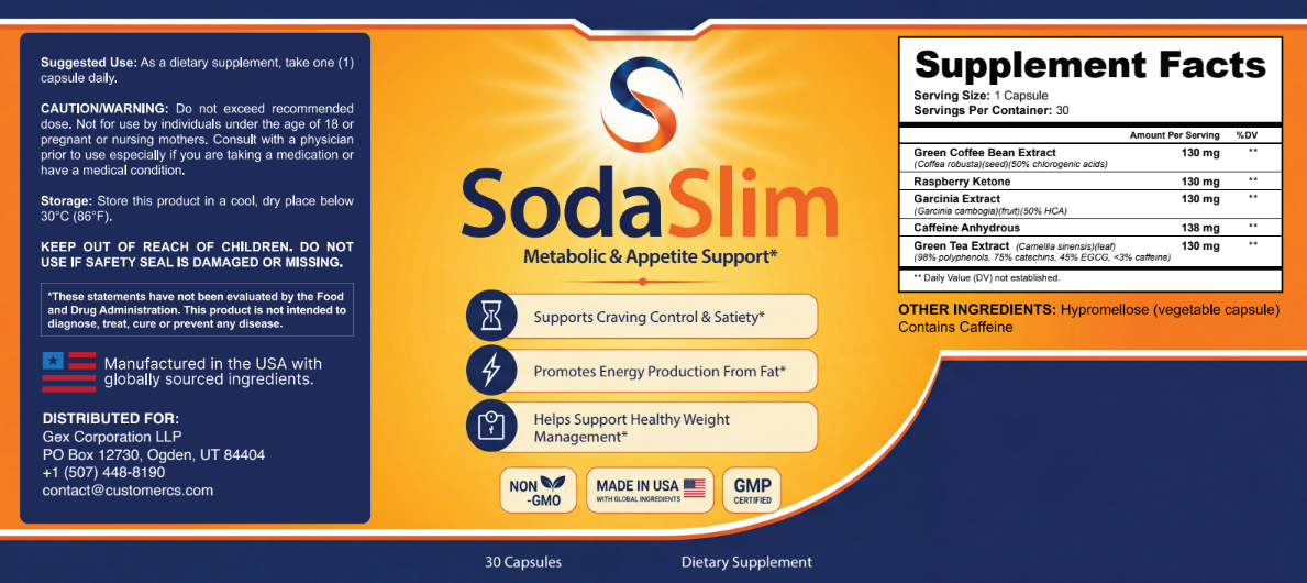 SodaSlim supplement facts — Green Coffee Bean, Raspberry Ketone, Garcinia Cambogia, Caffeine Anhydrous, Green Tea Extract